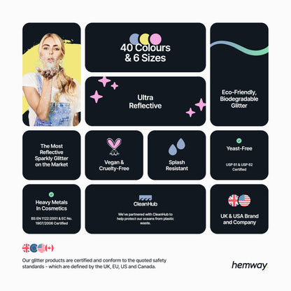 Hemway 100g iridescent glitter packaging with cosmetic safety details