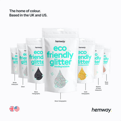 Hemway eco sparkle pouch showing premium non toxic certification symbols