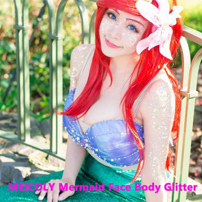 Holographic mermaid chunky sequins liquid gel applied to skin closeup view
