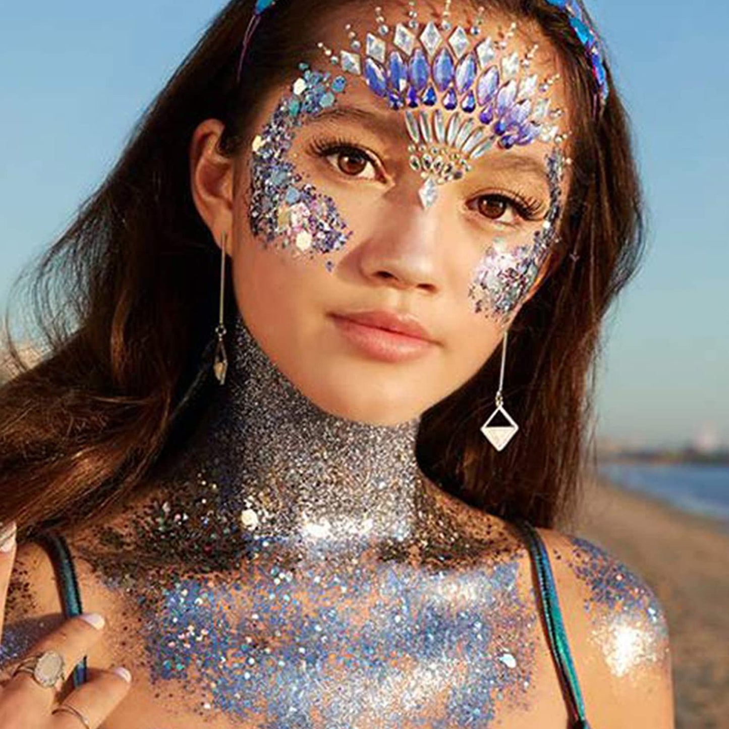 Self-adhesive blue and white hexagonal makeup glitter texture demonstration