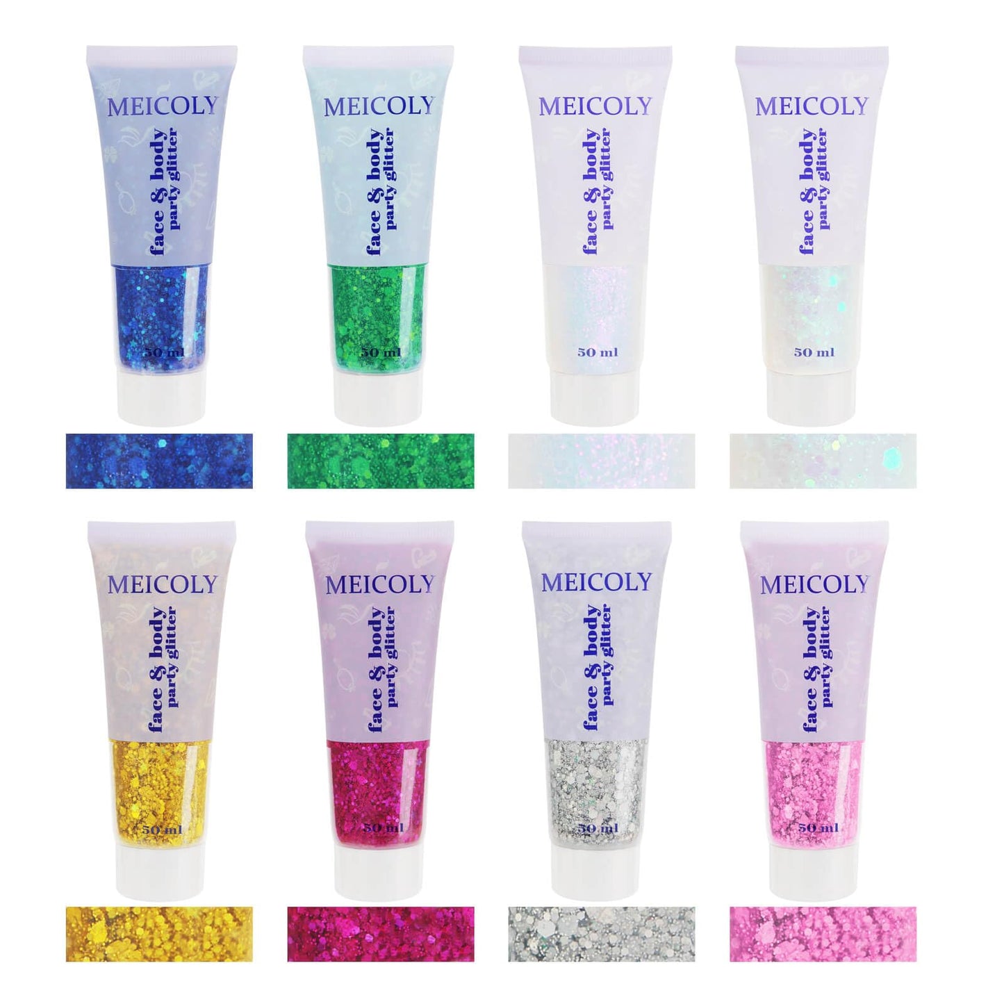 Two pieces clear white and ice blue body glitter gel presentation
