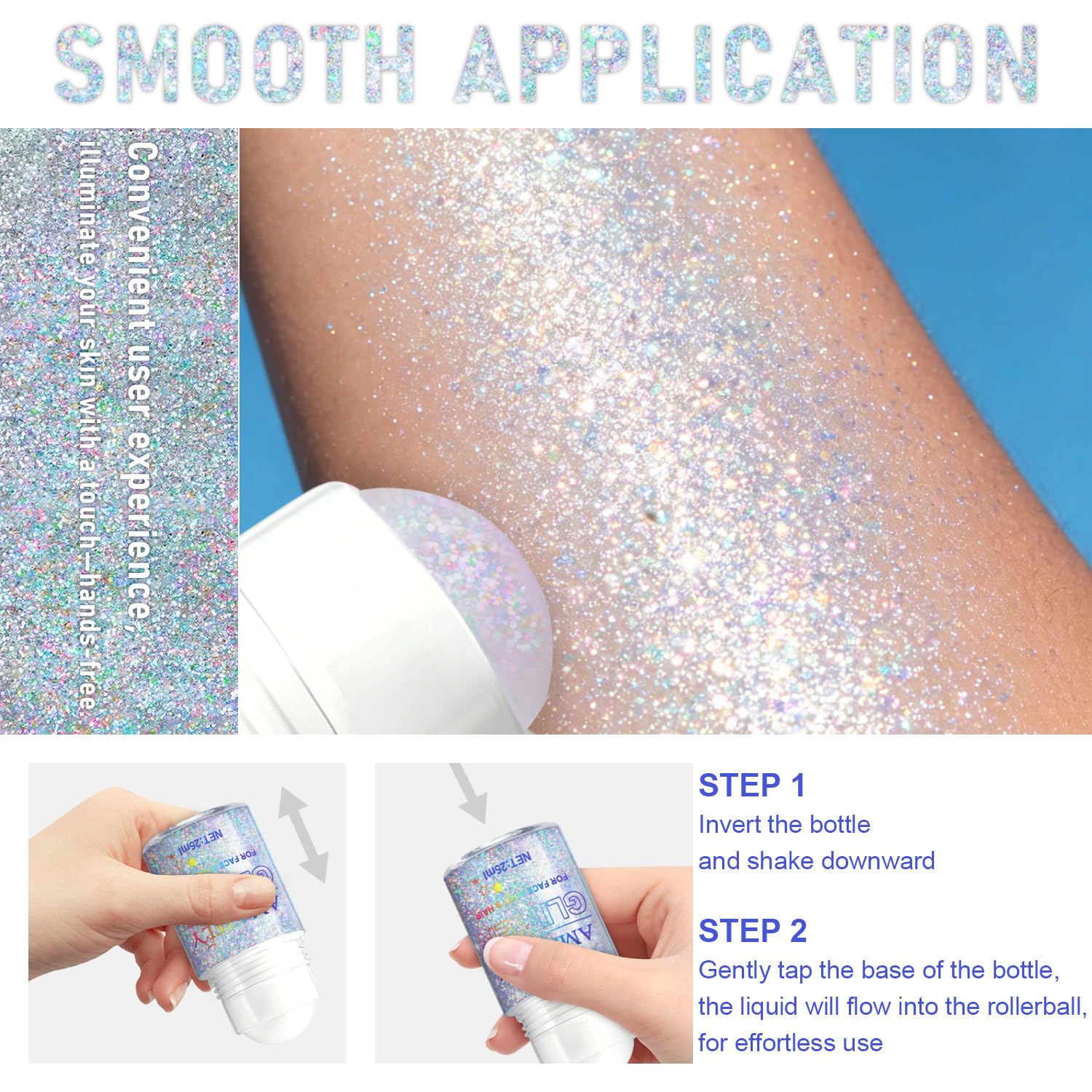 Chameleon color changing glitter makeup applied to a woman's cheekbones and hair parting for a festival look.