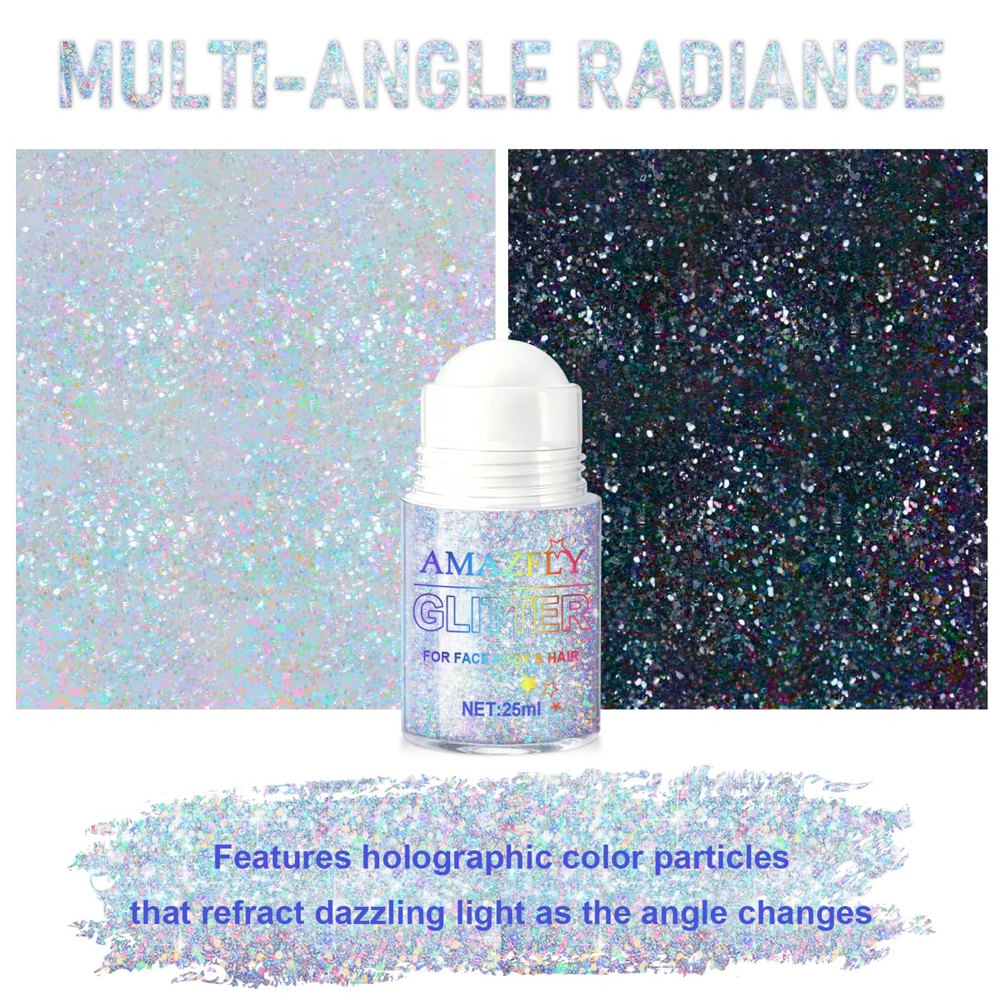 Close up view of the roller ball mechanism dispensing holographic body glitter smoothly without clumping.