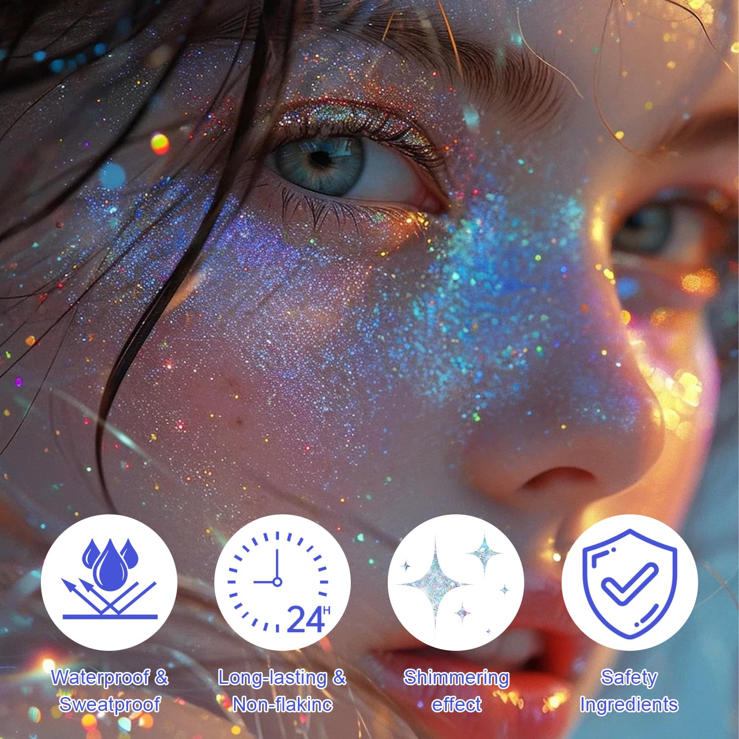 GADMLURY body shimmer gel packaging displaying product features including long-lasting wear and easy soap and water wash off.
