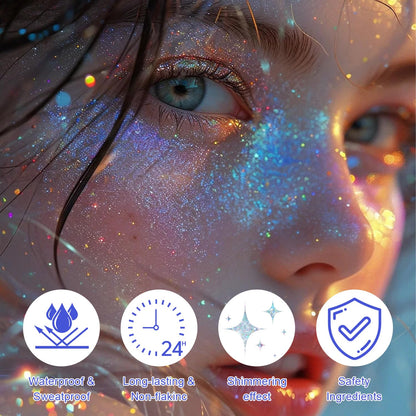 GADMLURY body shimmer gel packaging displaying product features including long-lasting wear and easy soap and water wash off.
