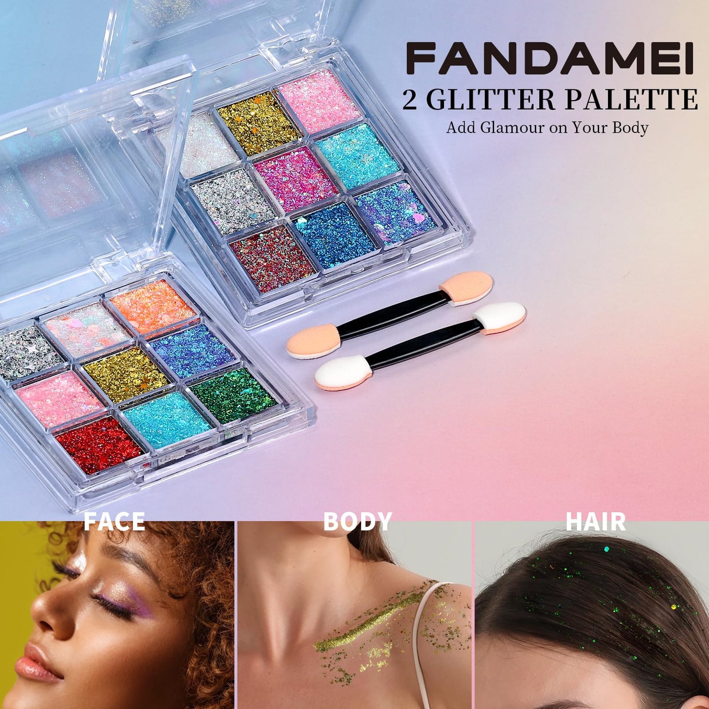 Fandamei cosmetic body glitter gel applied beautifully on female cheekbones for a festival look.
