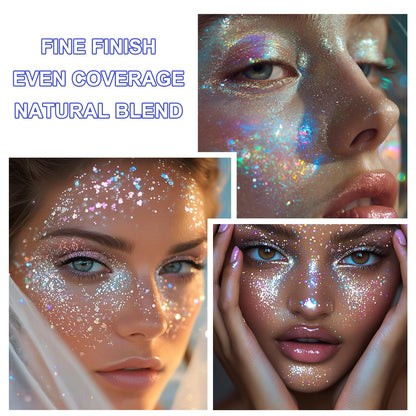 Side-by-side comparison of the Glint-Rainbow glitter gel shifting tones under ambient indoor light versus direct party lights.
