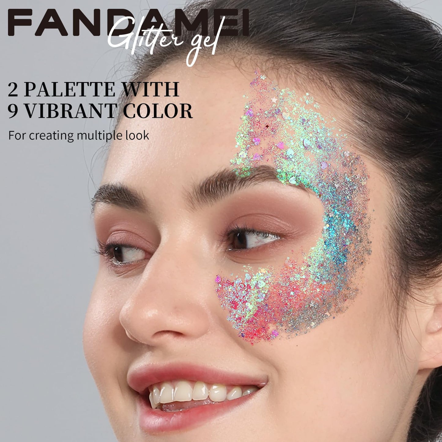 Two pieces of Fandamei compact snap-closure makeup cases showing multi-color hair and body glitter gel packs.