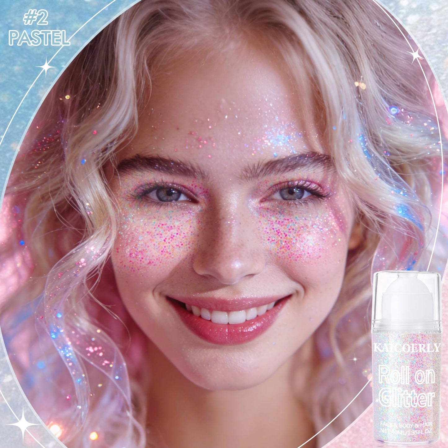 Roll on holographic body glitter gel being applied to skin with the mess free roller ball design