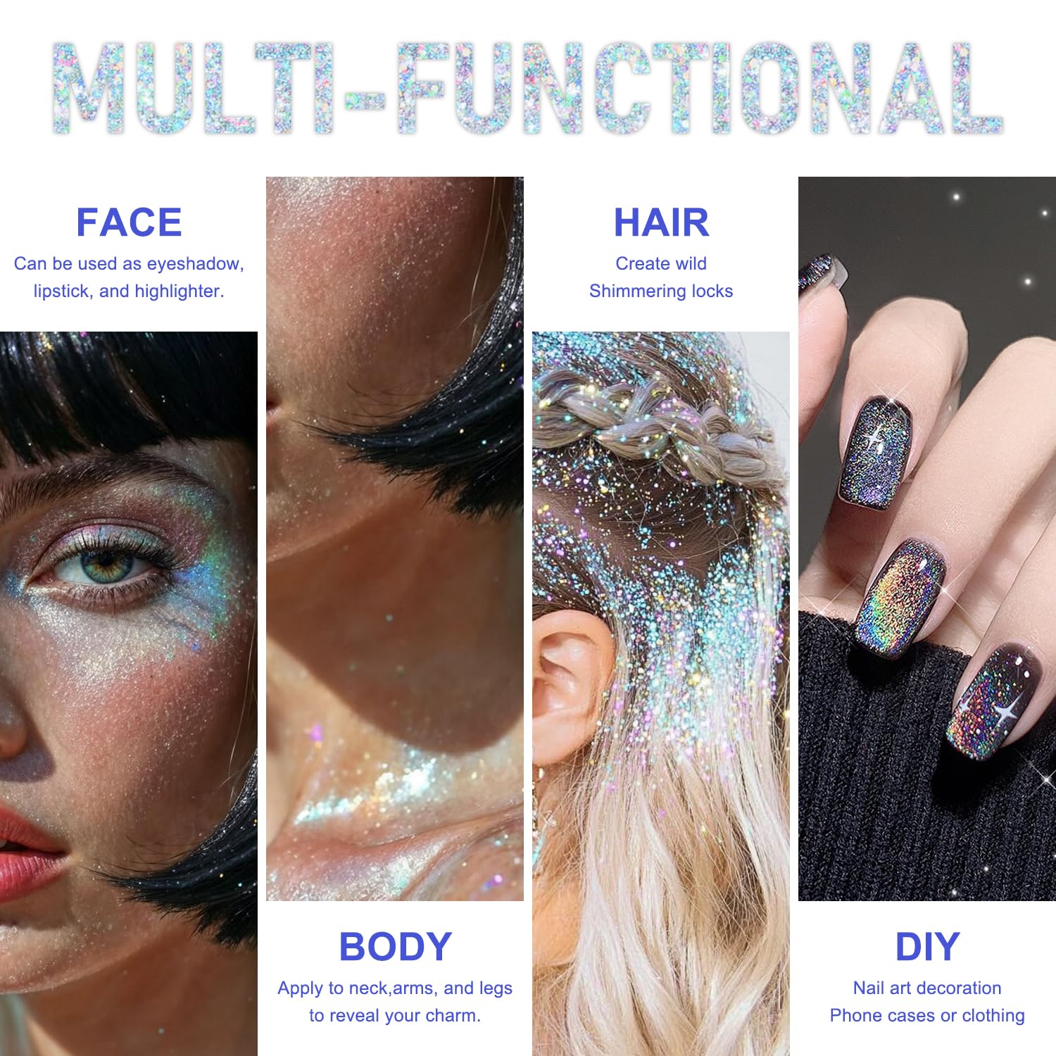 GADMLURY imported multi-purpose cosmetic glitter tube highlighting its compact travel-friendly design for music festivals and raves.
