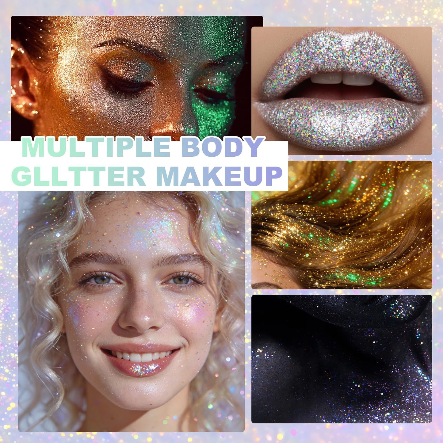 Model wearing pastel roll on body glitter on cheekbones and hair parting for a rave party look