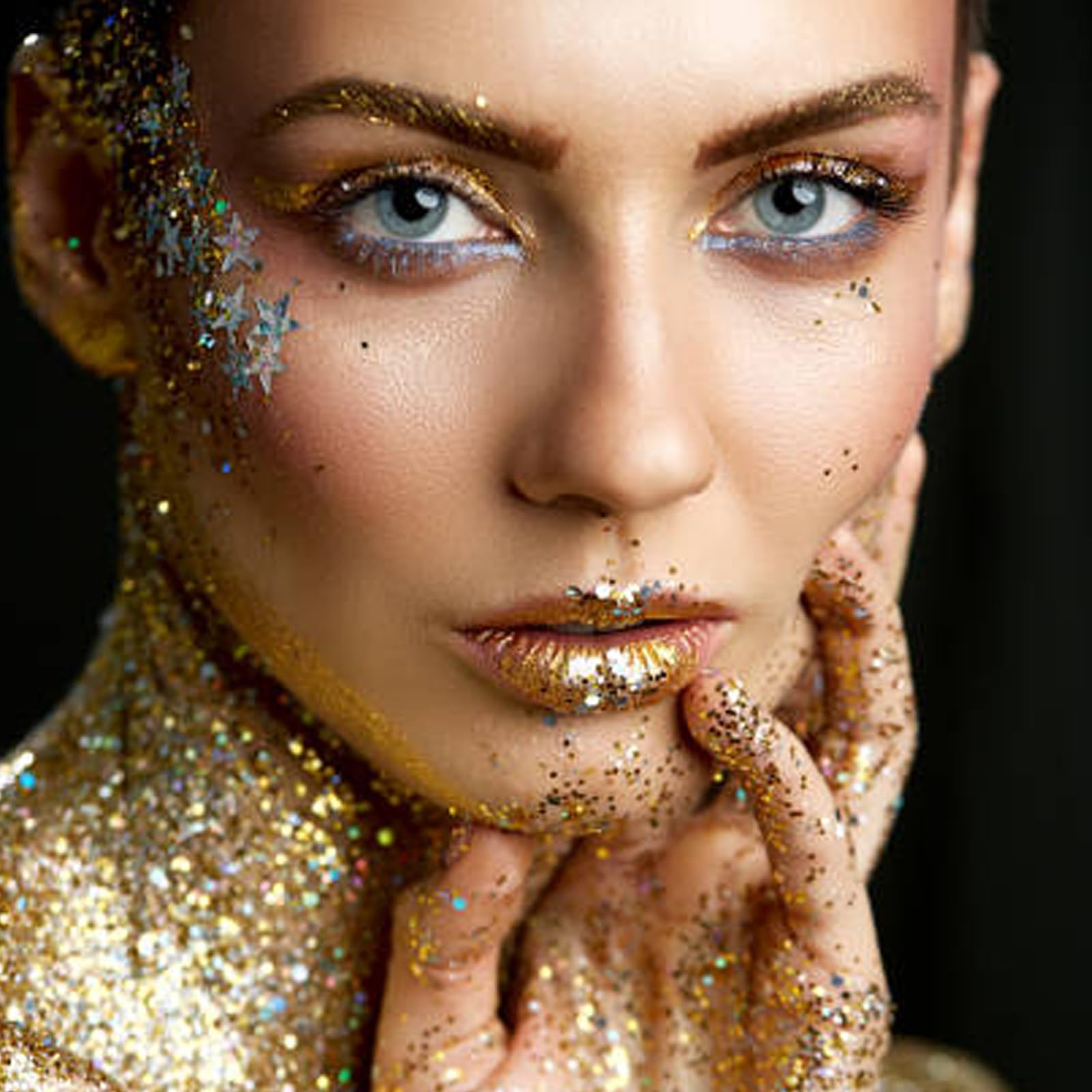MEICOLY yellow cosmetic glitter applied as festival eye makeup highlight