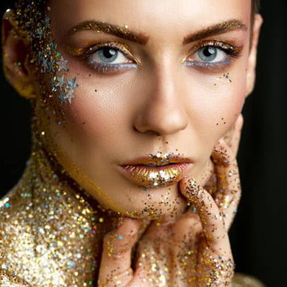 MEICOLY yellow cosmetic glitter applied as festival eye makeup highlight