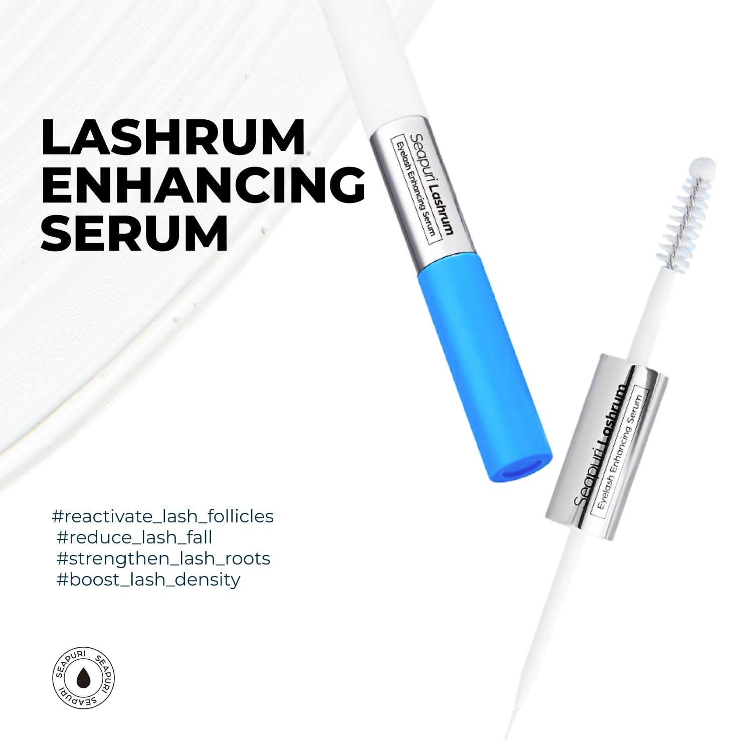 Close up of Seapuri Lashrum dual applicator brush