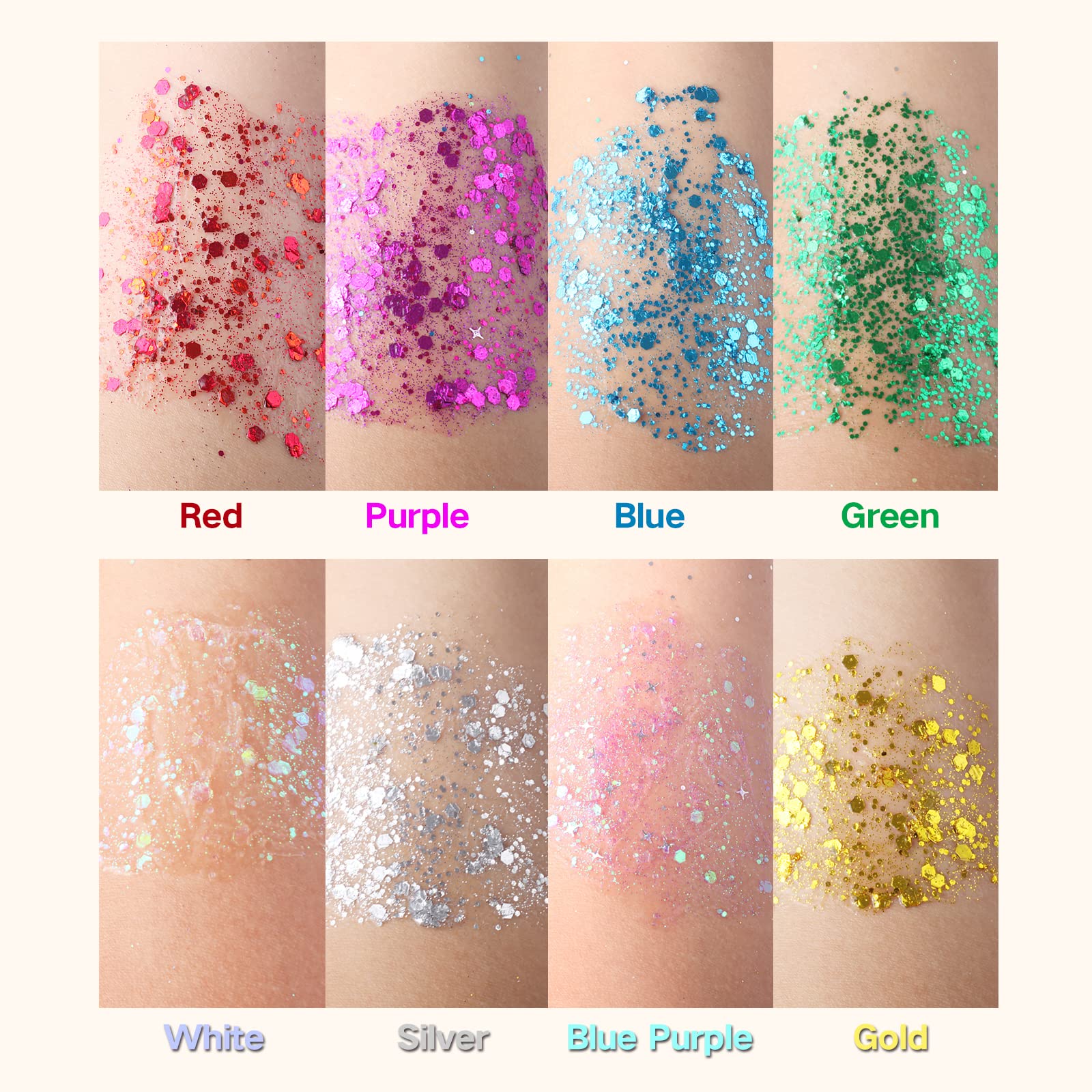 Multi shaped laser sequins in a squeeze pouch container for party makeup