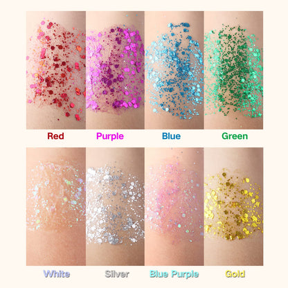 Multi shaped laser sequins in a squeeze pouch container for party makeup
