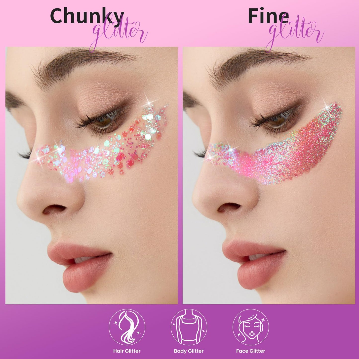 Teenitor pink makeup glitter gel swatches on skin showing holographic shine