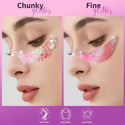 Teenitor pink makeup glitter gel swatches on skin showing holographic shine