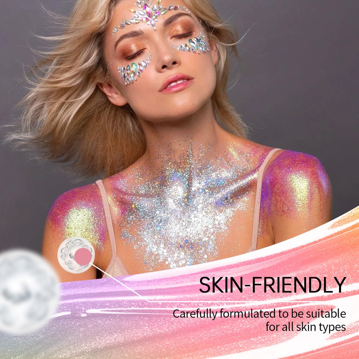 Swatches of the Mysense holographic gold body glitter on skin highlighting the high-shine dewy finish.