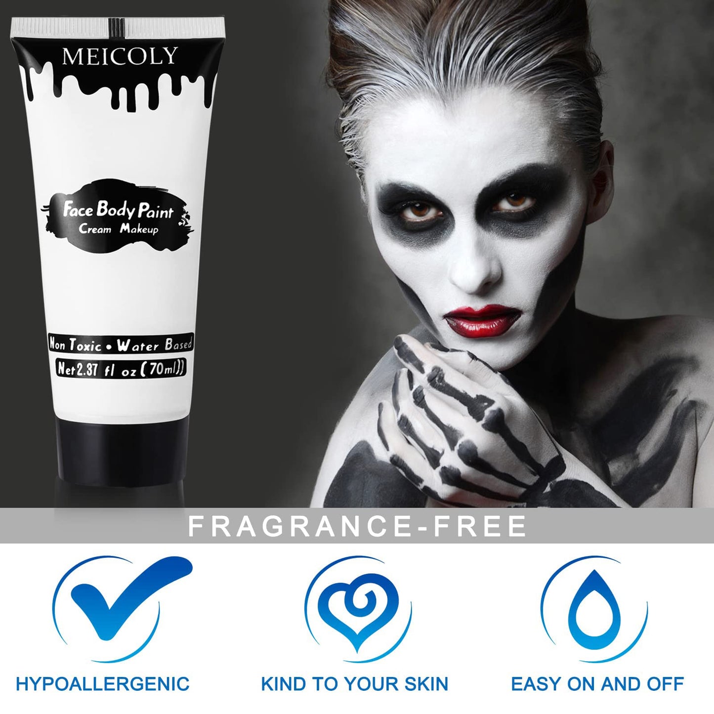 Water based non toxic white face paint applied on a model skin.