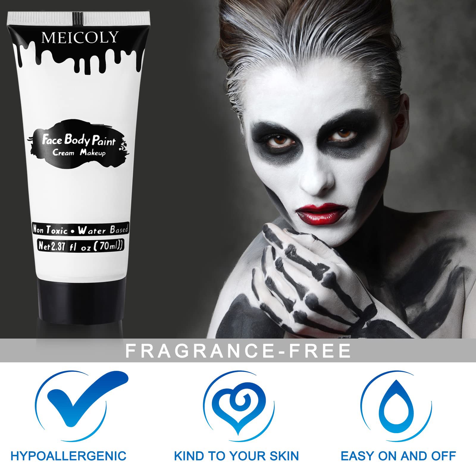 Water based non toxic white face paint applied on a model skin.