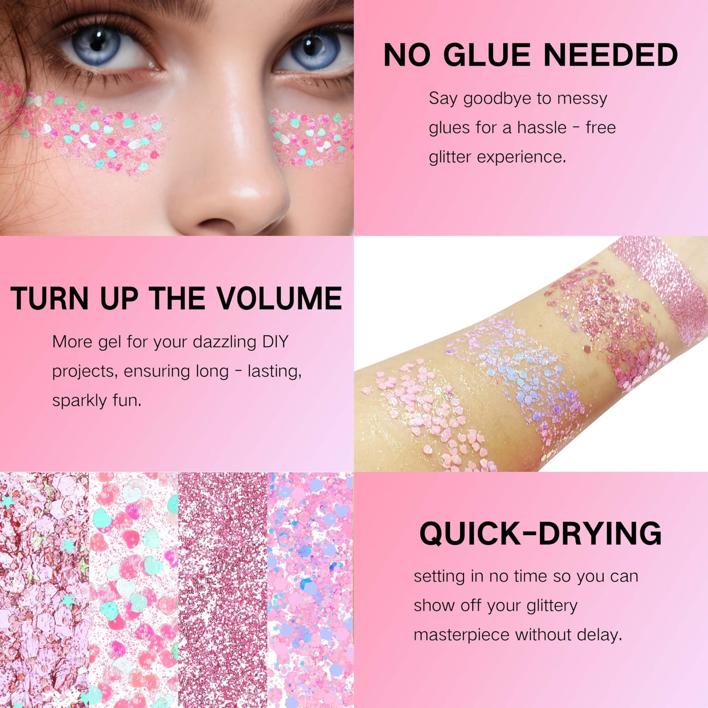 Fine pink shimmer gel textures swatched on skin demonstrating long-lasting high-shine finish