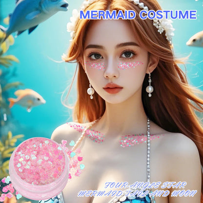 Mermaid costume makeup kit showcasing pink iridescent glitter applied onto wavy hair strands