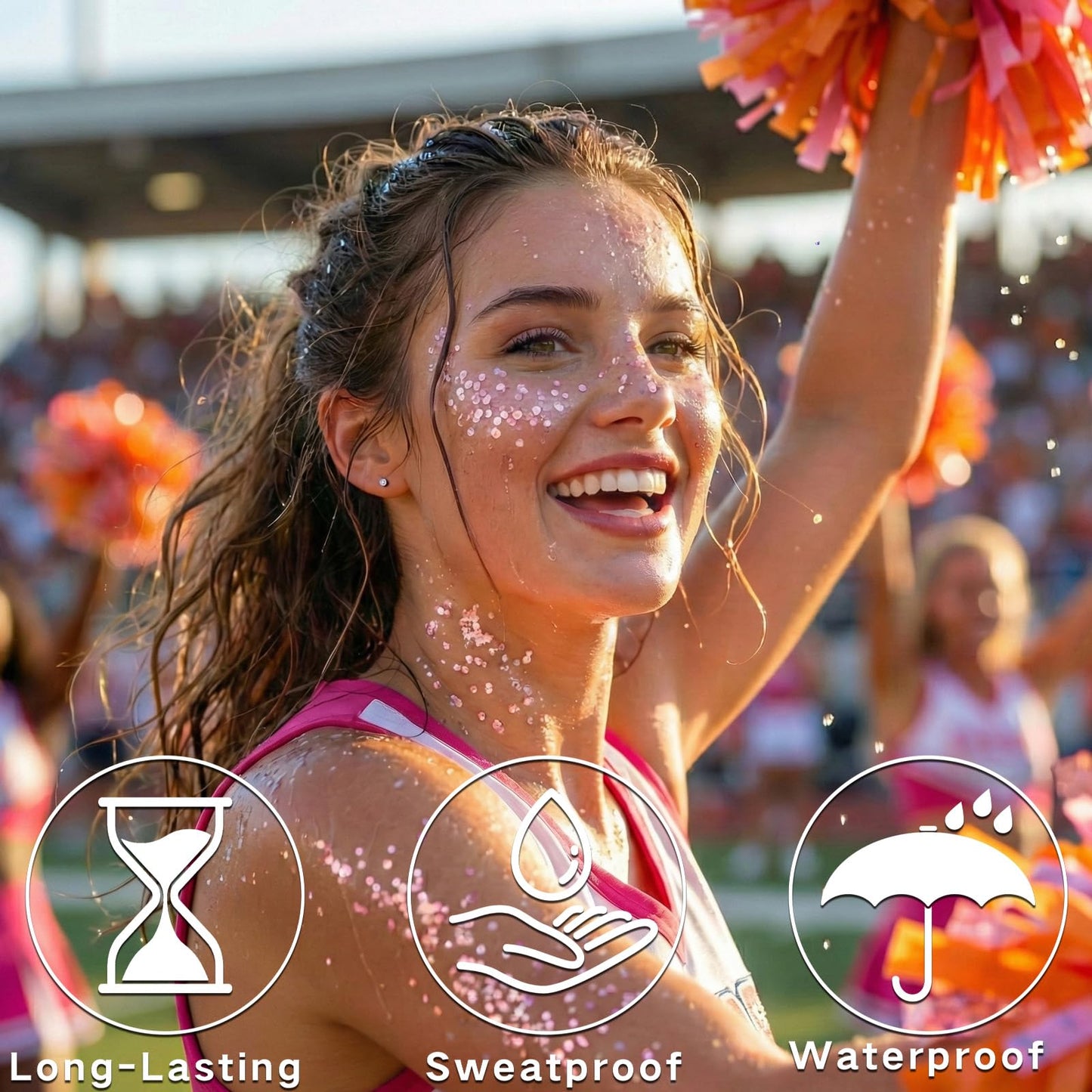 Festival style application guide demonstrating sparkling pink out accessories on facial cheekbones