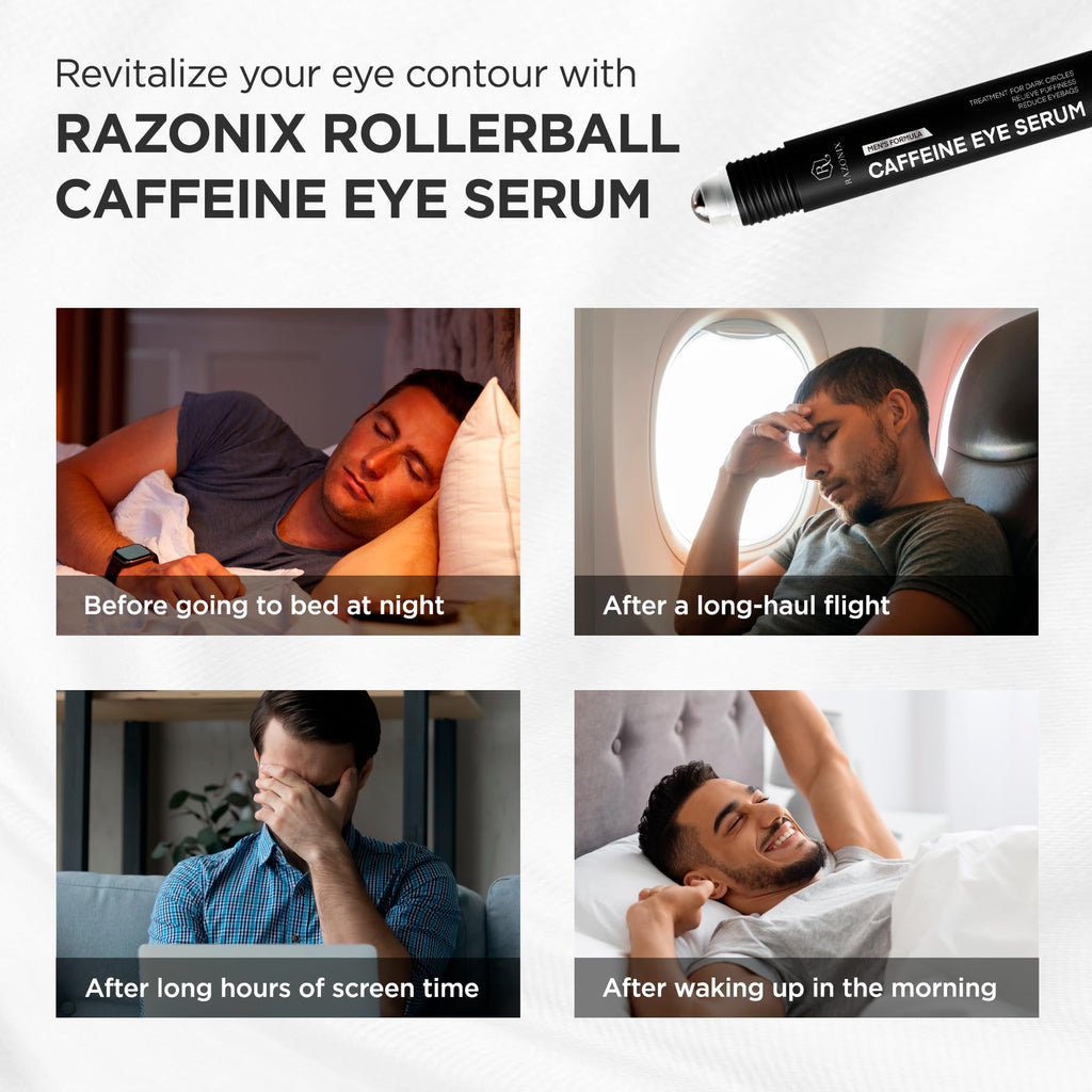 Man applying Razonix cooling caffeine eye roller to dark circles