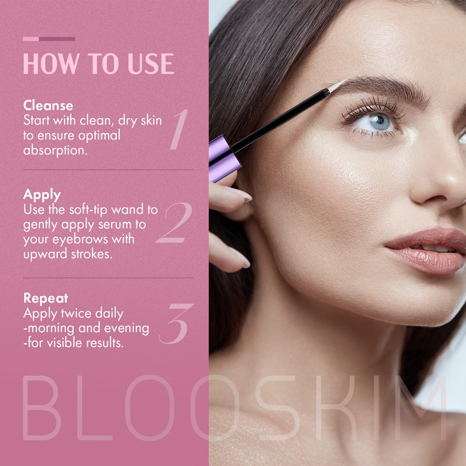 Blooskim eyebrow serum bottle showing ingredient highlights