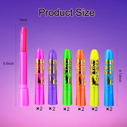 Twistable fluorescent neon face painting crayons illuminated brightly under ultraviolet black light
