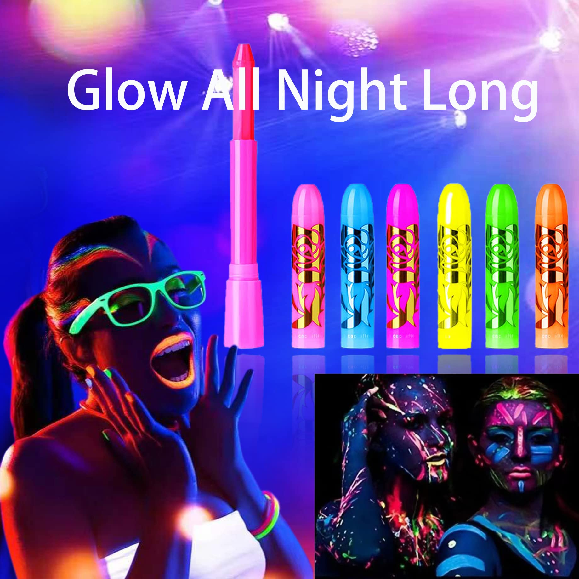 Model demonstrating intricate neon geometric lines using skin safe festival makeup sticks
