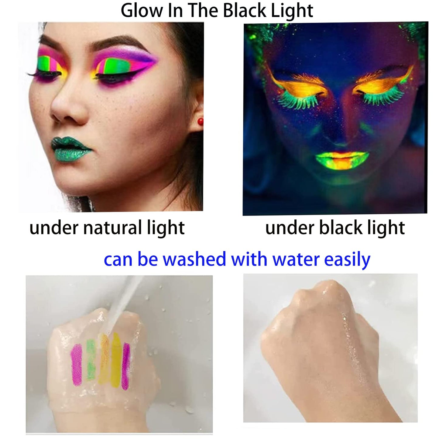 Side by side comparison of the face paint under normal room lighting versus UV blacklight illumination