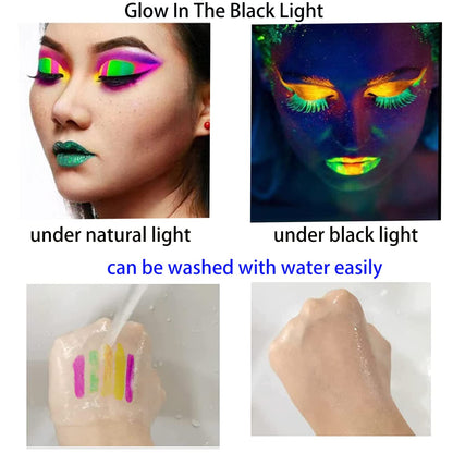 Side by side comparison of the face paint under normal room lighting versus UV blacklight illumination