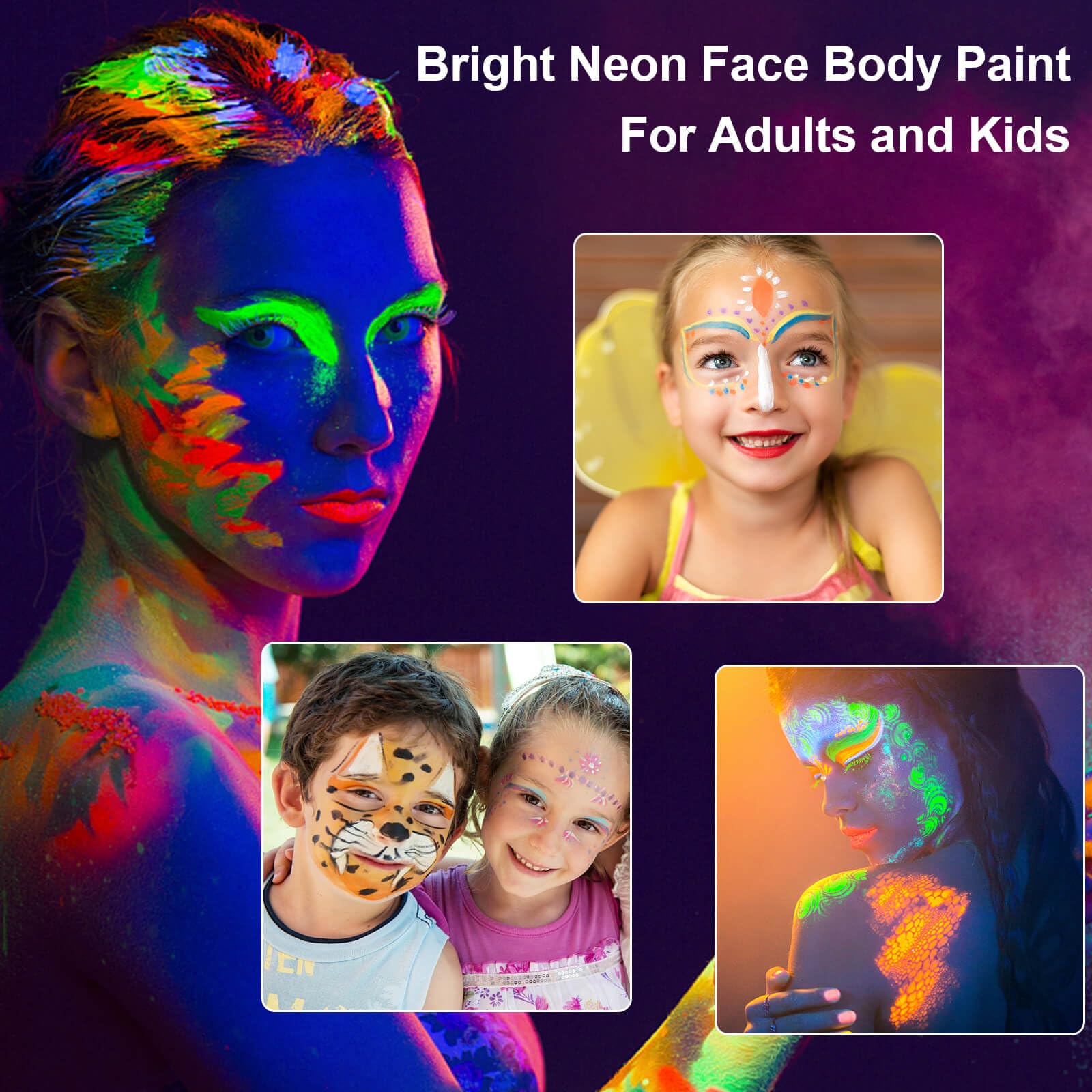 Open cosmetic palette with eight bright neon fluorescent cakes and application brushes