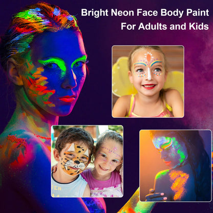 Open cosmetic palette with eight bright neon fluorescent cakes and application brushes