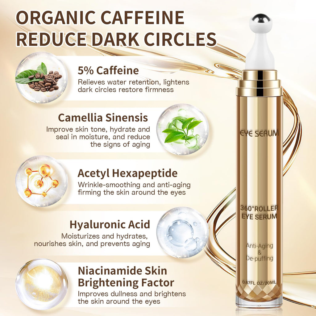 Muocobu caffeine eye serum with 360 degree massage roller tip