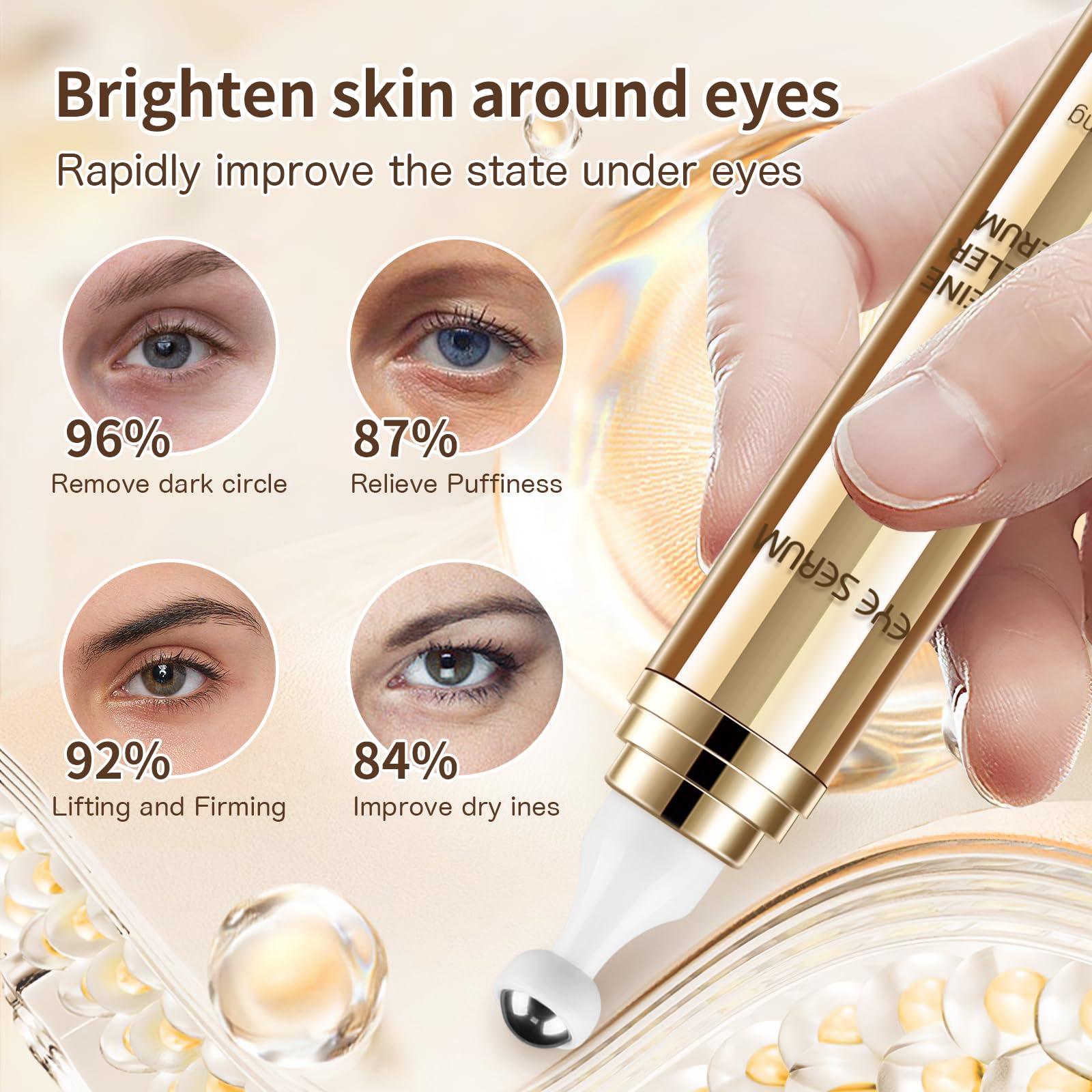 Caffeine and hyaluronic acid eye serum bottle for dark circles