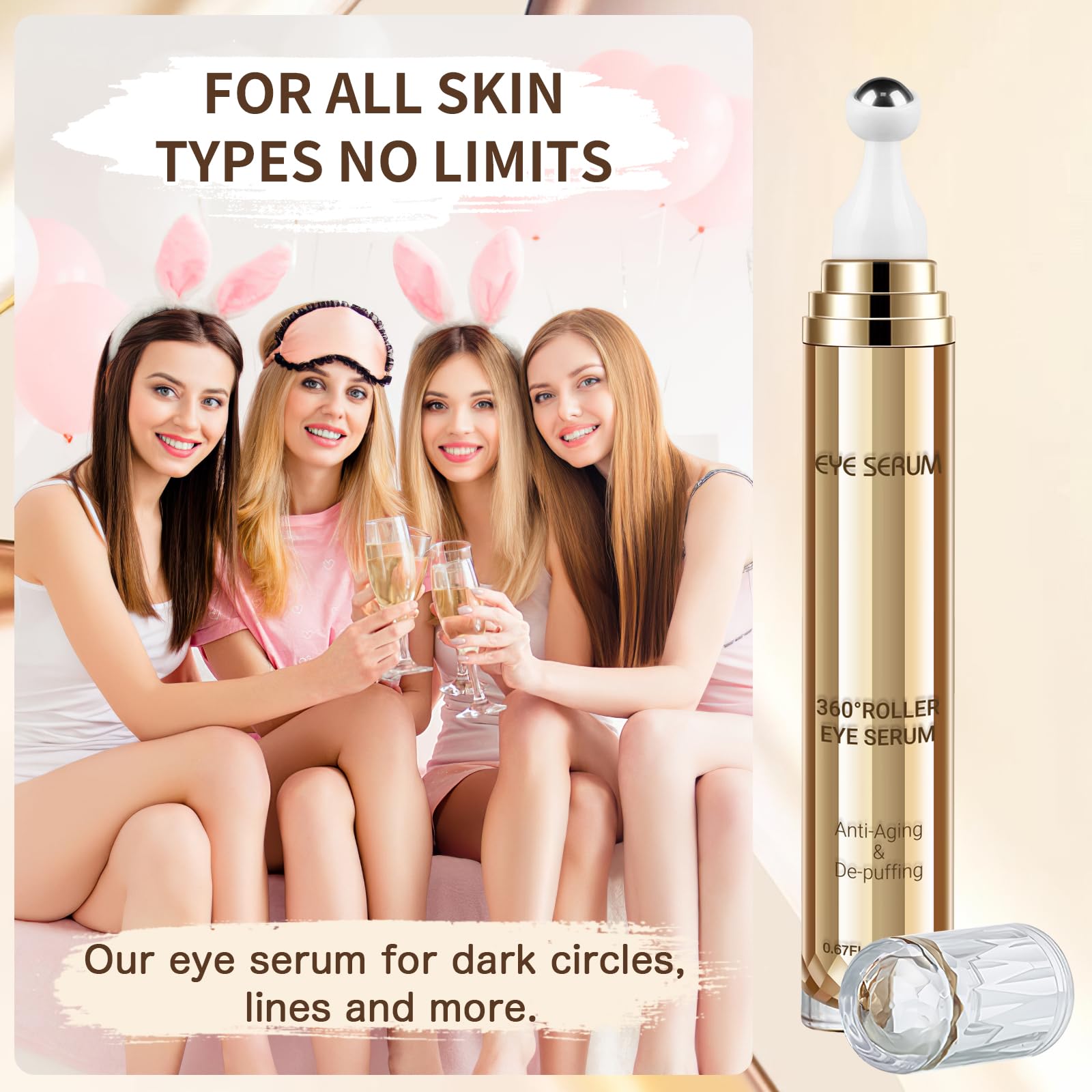 Application of cooling rollerball eye serum on skin