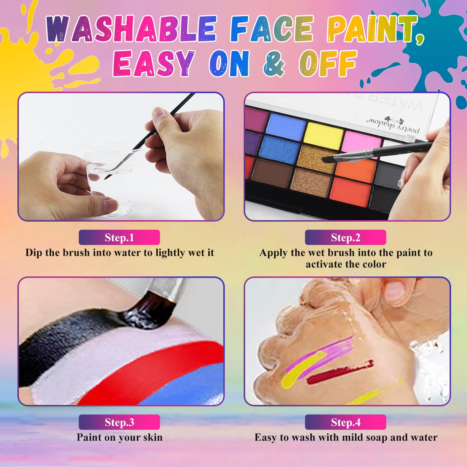 Close up view of the non toxic pressed pigments inside the palette