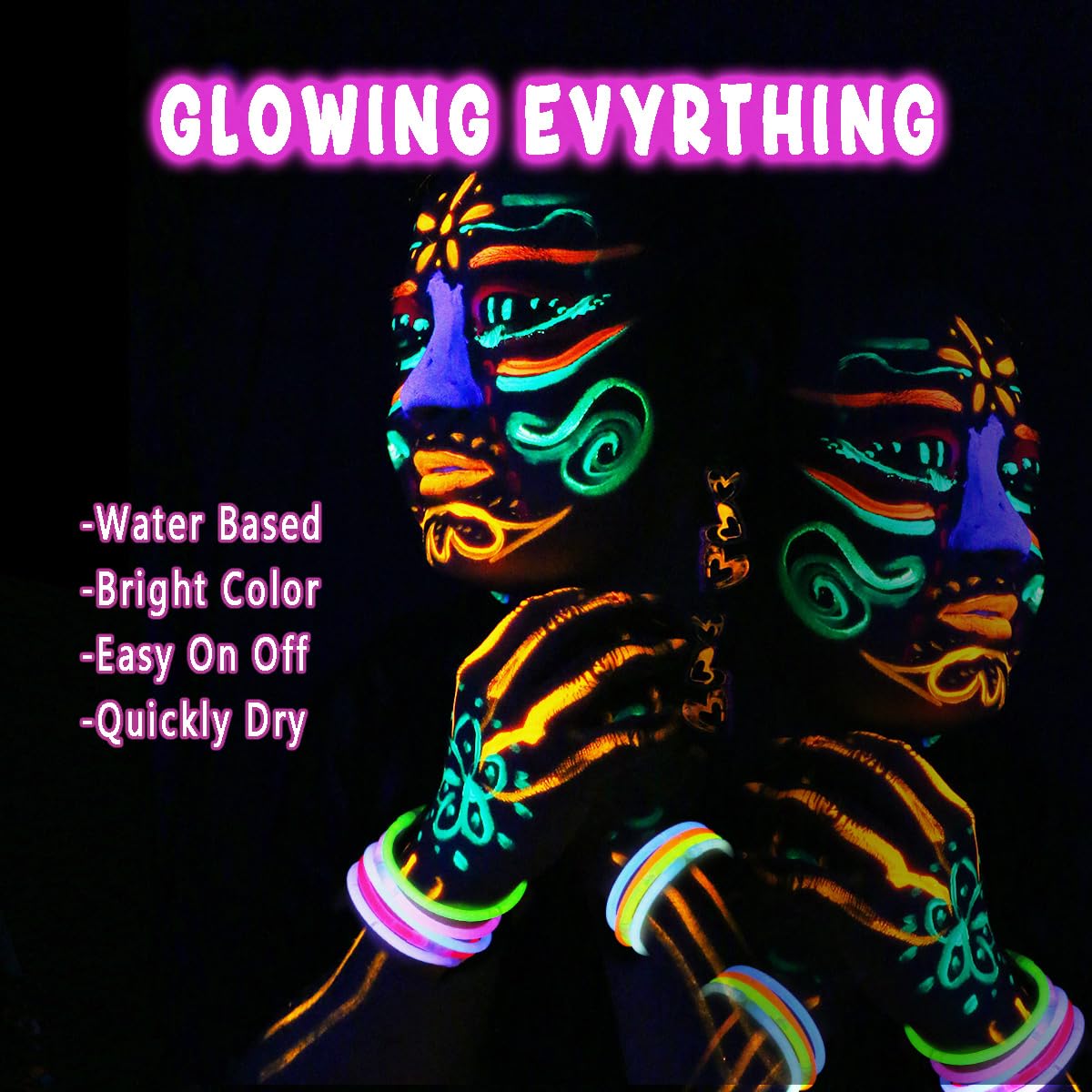 Six tubes of fluorescent neon body paint glowing brightly under a blacklight source