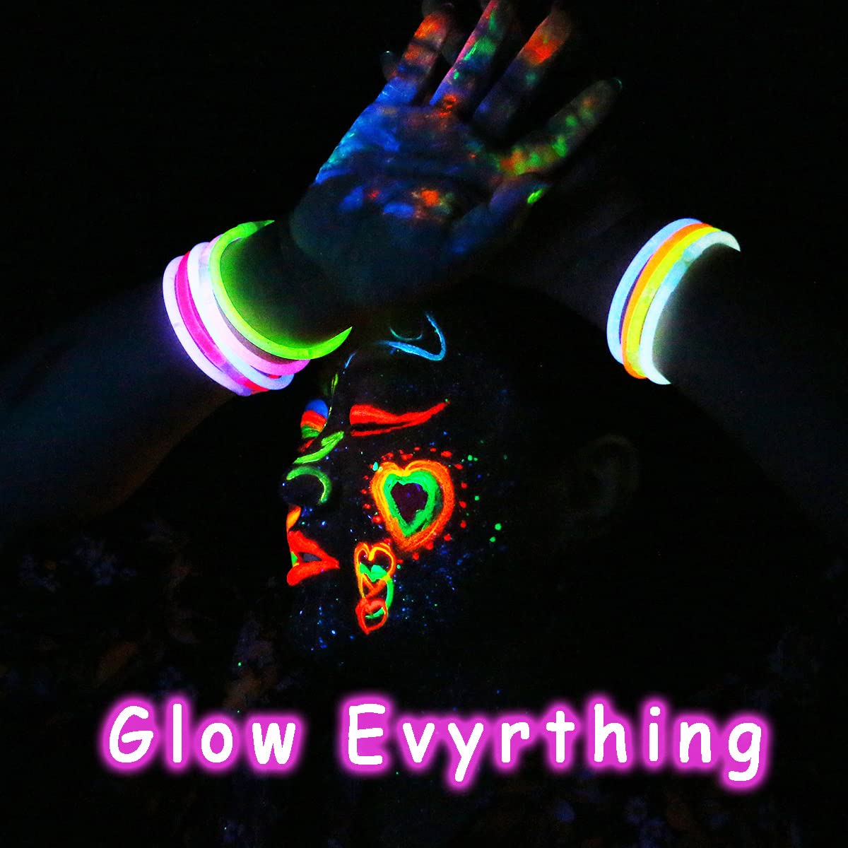 Demonstration of quick drying non toxic fluorescent makeup on skin before and after UV light