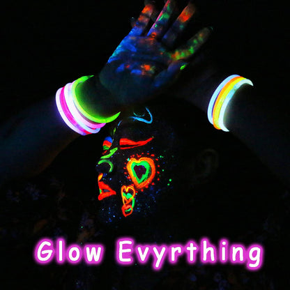 Demonstration of quick drying non toxic fluorescent makeup on skin before and after UV light
