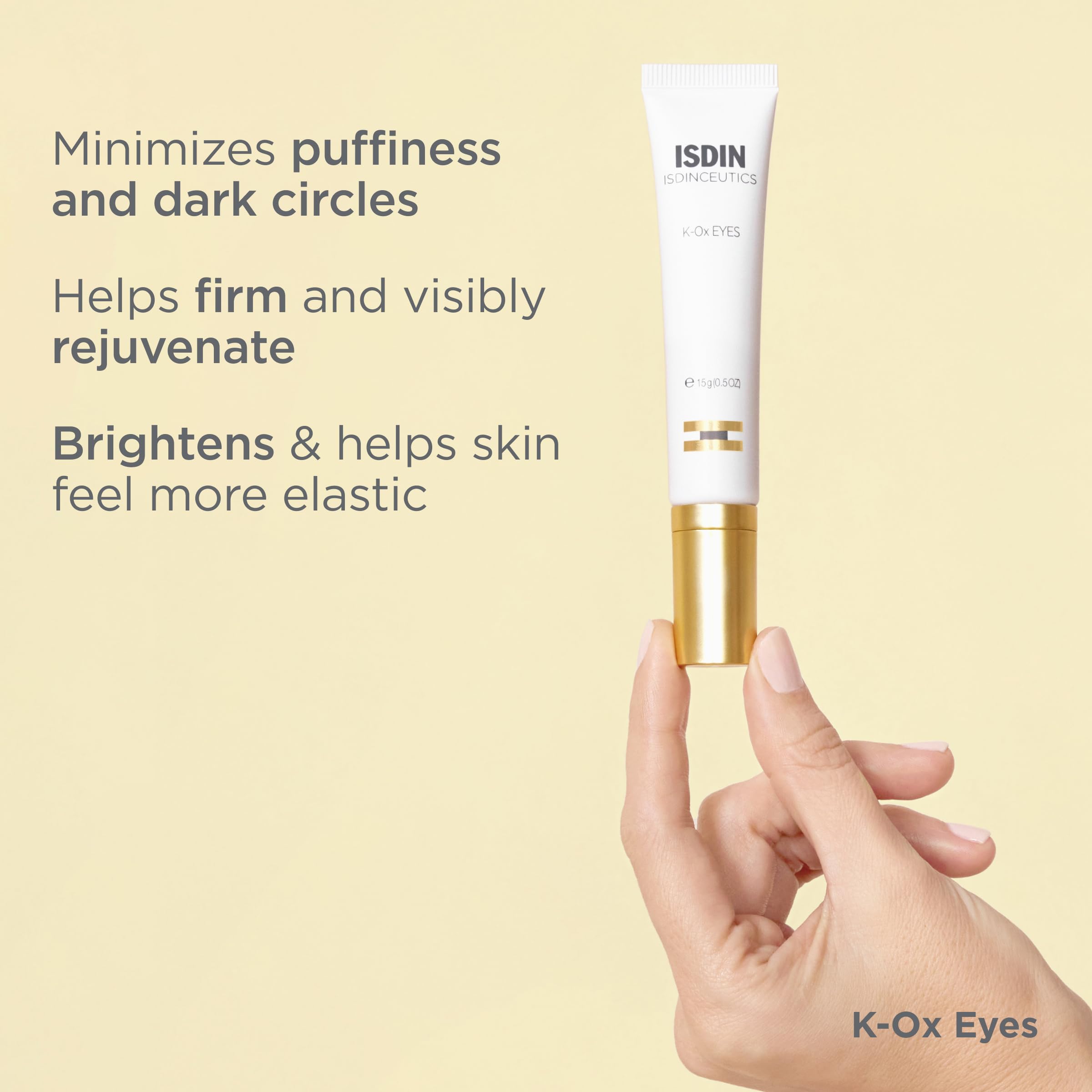 Close up of ISDIN K-Ox Eyes cream texture and tube