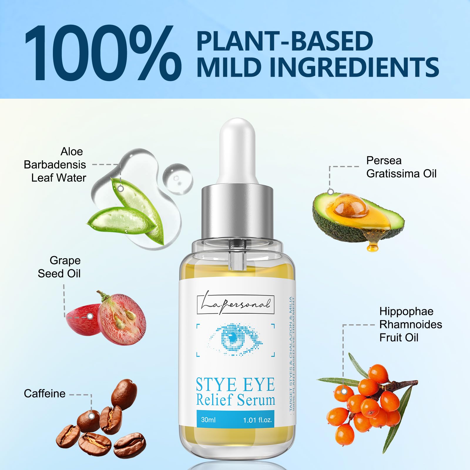 Side profile of La. Personal Stye Eye Relief Serum bottle