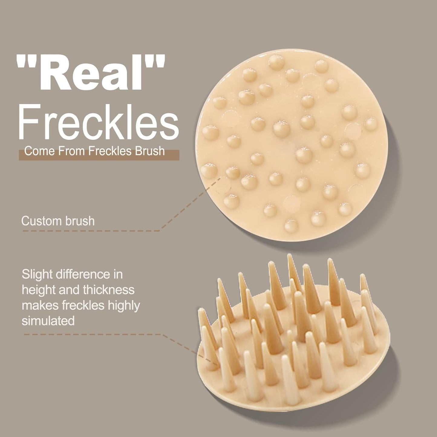 Step by step visual guide showcasing how to press and apply the faux freckle stamp on the cheeks.