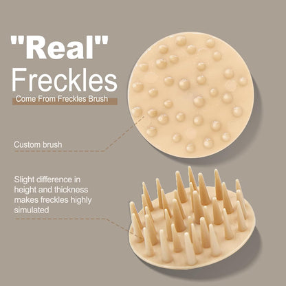 Step by step visual guide showcasing how to press and apply the faux freckle stamp on the cheeks.