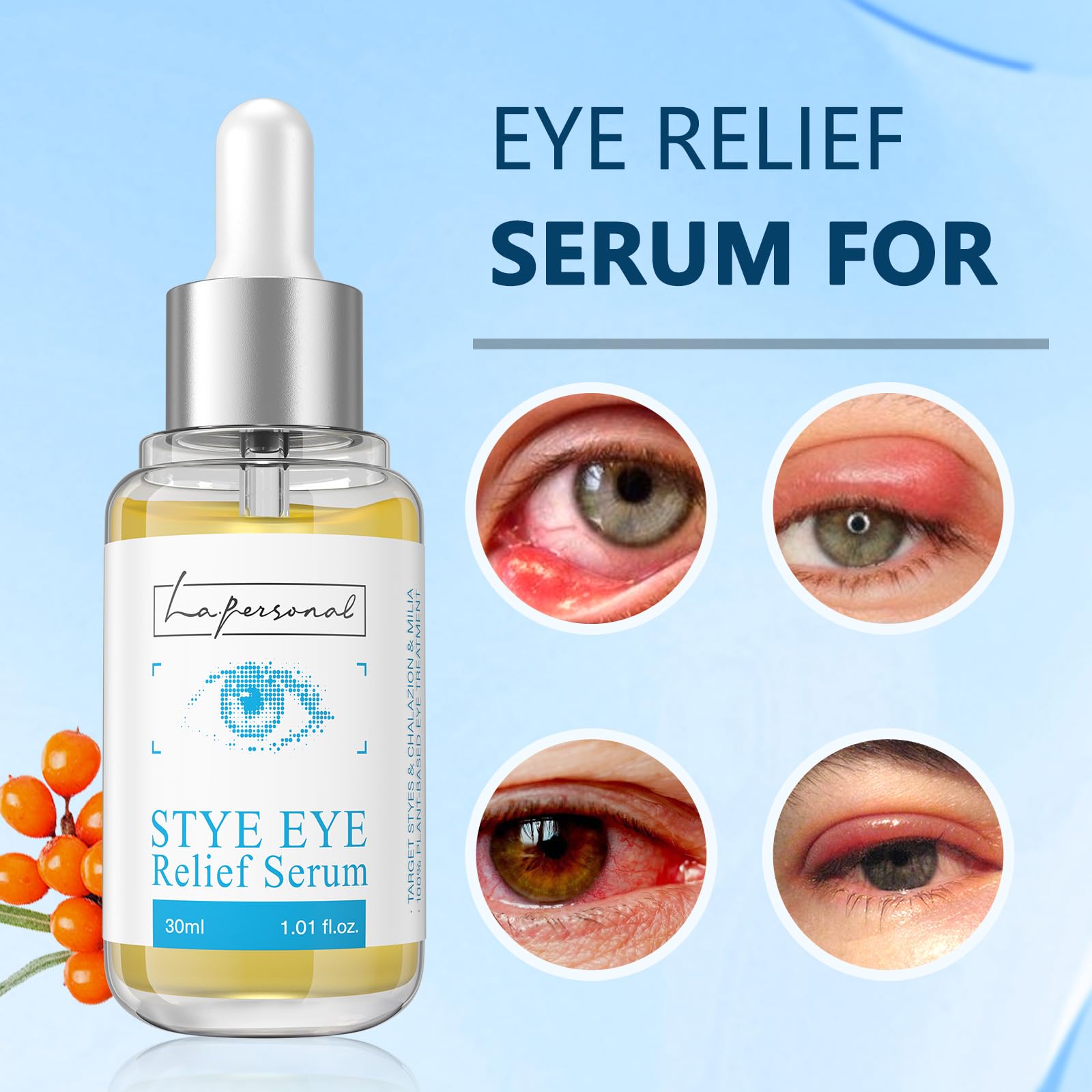 La. Personal Stye Eye Relief Serum label with avocado and sea buckthorn oil details