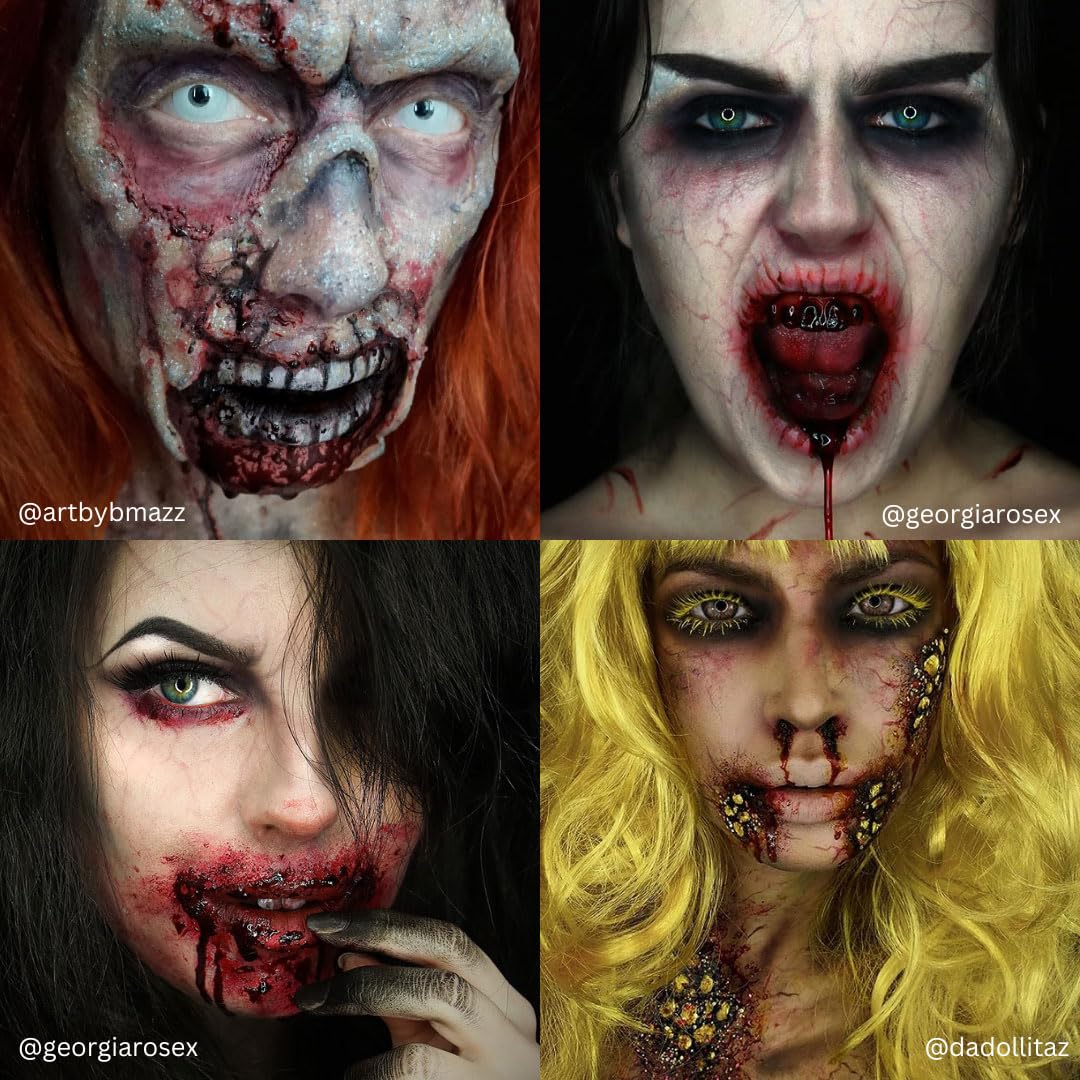 Thick syrup based texture of Mehron fake blood showing the realistic glossy wet finish.
