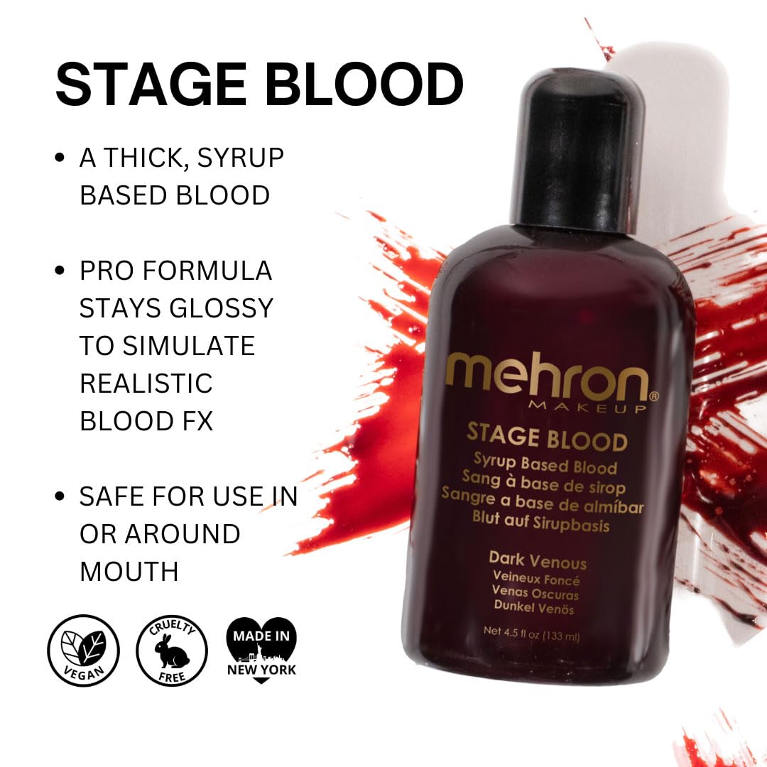 Mehron Stage Blood applied on skin demonstrating a deep red hyper realistic fresh wound effect.